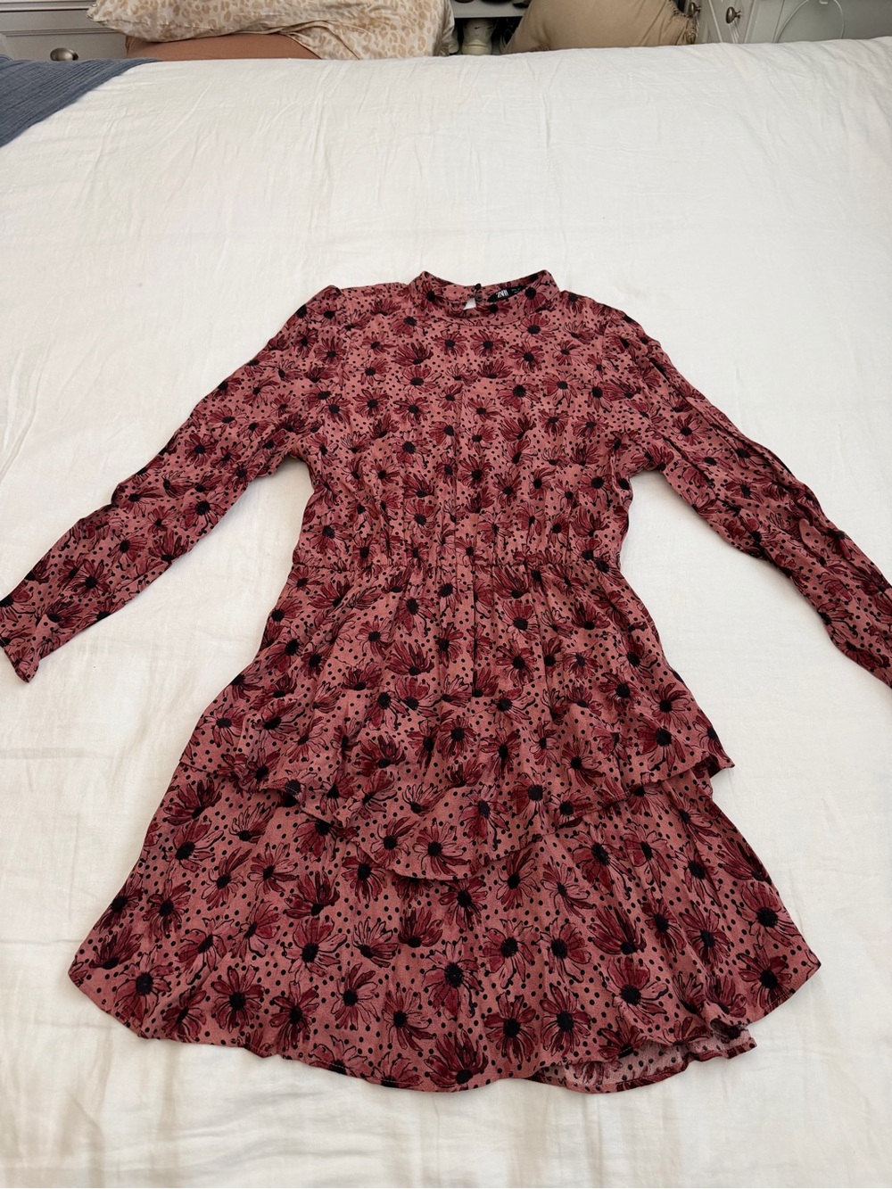 Zara Pink Floral Long-Sleeve Tiered Dress